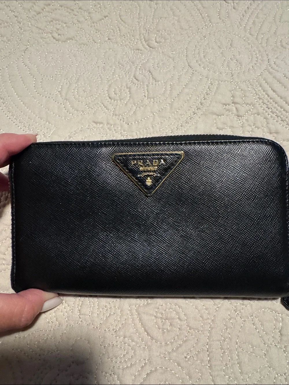 Prada Black Saffiano Leather Zip Wallet with Gold Logo